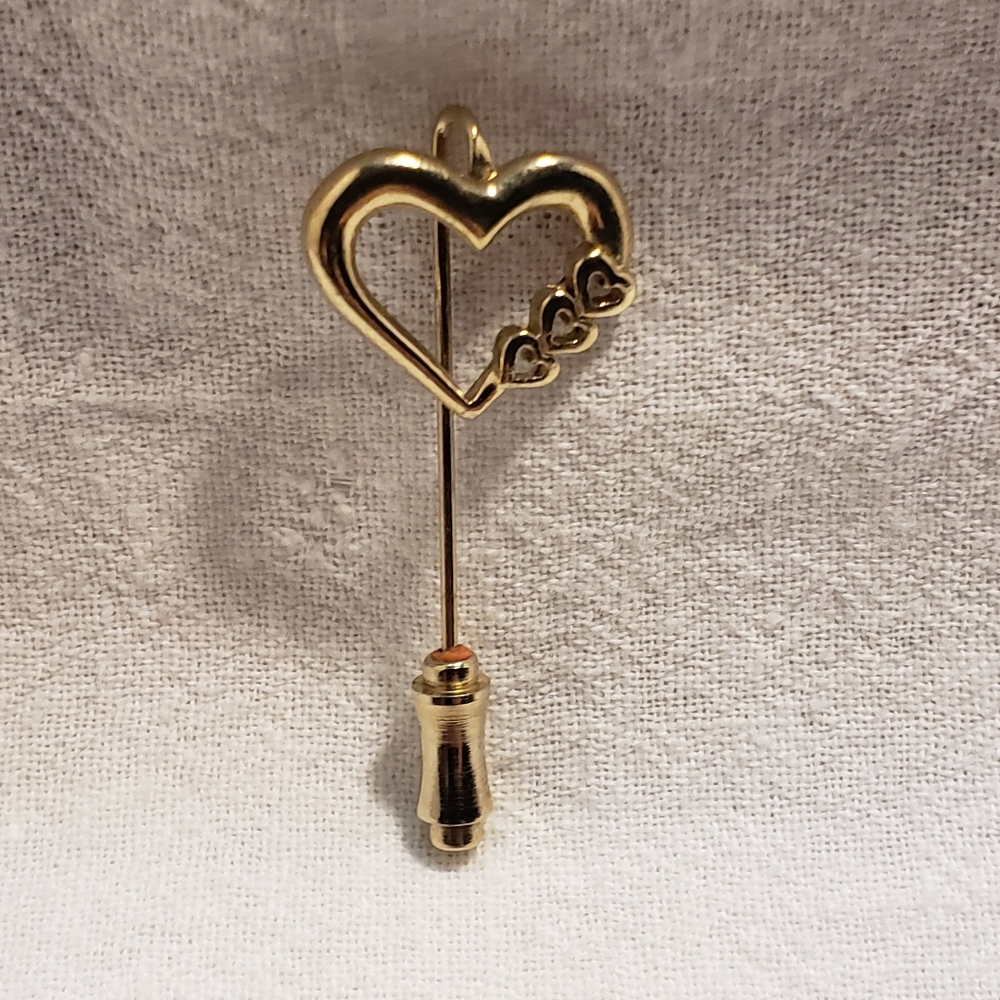 Beautiful Vintage 1980's Heart Stick Pin in Goldtone with open work and 3 hearts